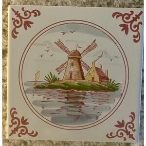 Vtg 1970s Collector Ceramic Tile Trivet 6x6 Aleluia Aveiro Portugal Windmill